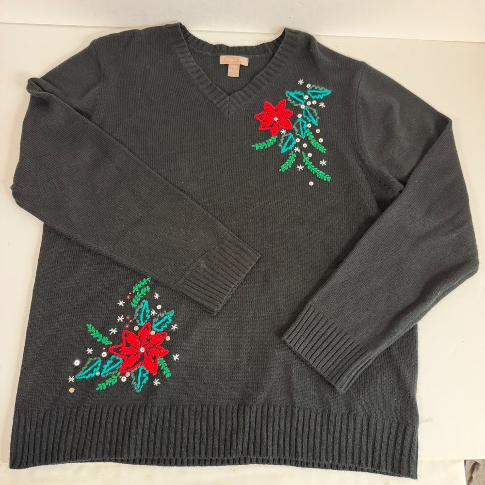 Christmas Sweater XL 16-18 Black Poinsettia Sequin Embroidered Holiday Festive